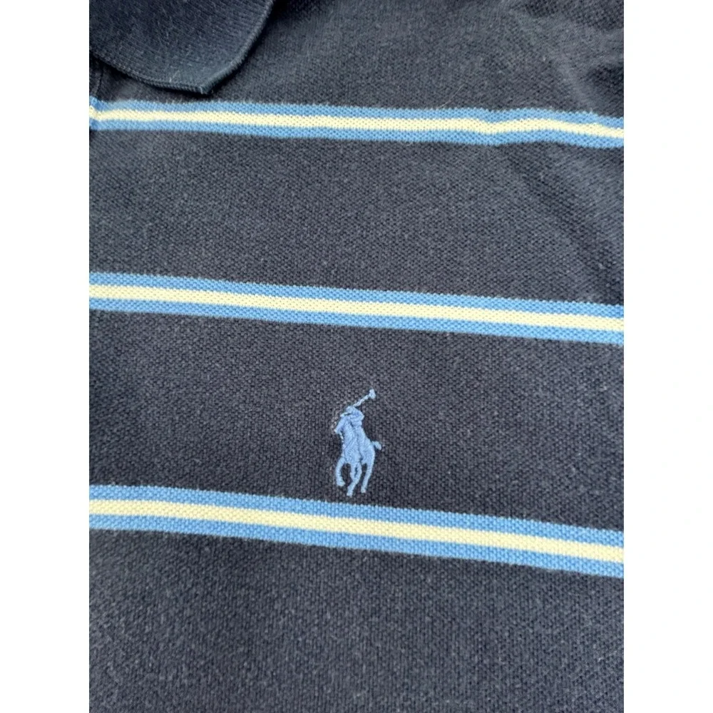 Polo Ralph Lauren Mens Navy Blue Striped Short Sleeve Pique Polo Shirt Medium
